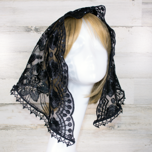 Black Floral Embroidered Mesh Lace Small D-Shaped Chapel Veil/Mantilla