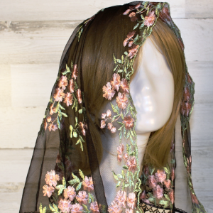 Black Mesh Lace Chapel Veil/Mantilla with Embroidered Pink Roses (Infinity)