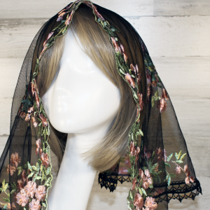 Black Mesh Lace Chapel Veil/Mantilla with Embroidered Pink Roses (Large D-Shaped)