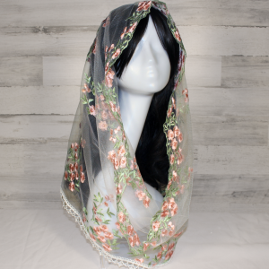 White Mesh Lace Chapel Veil/Mantilla with Embroidered Pink Roses (Infinity)