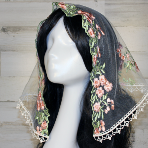 White Chapel Veil/Mantilla with Embroidered Pink Roses (Small D-Shaped)