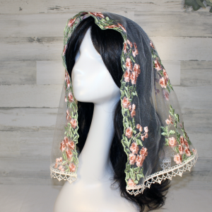White Mesh Lace Chapel Veil/Mantilla with Embroidered Pink Roses (Large D-Shaped)