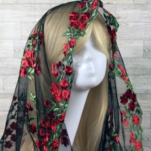 Black Mesh Lace Chapel Veil/Mantilla with Embroidered Pink Roses (Infinity)