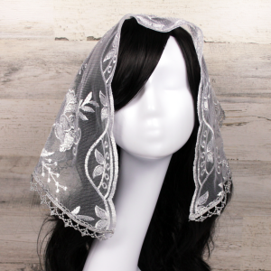 Silver Embroidered Mesh Lace Small D-Shaped Chapel Veil/Mantilla