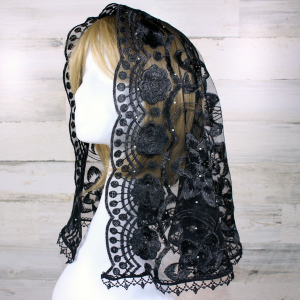 Black Floral Embroidered Mesh Lace Large D-Shaped Chapel Veil/Mantilla