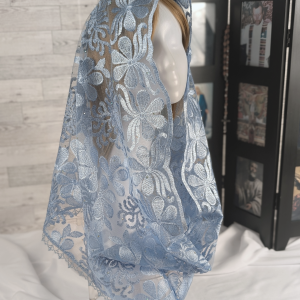 Light Blue Embroidered Mesh Lace Floral Lace Infinity Chapel Veil/Mantilla