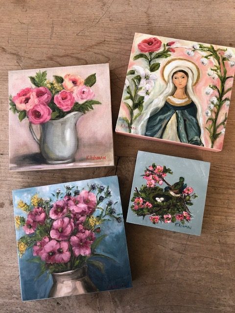 Virgin Mary Art Print on Wood: Lily of the Valley, Rose Floral - Image 3