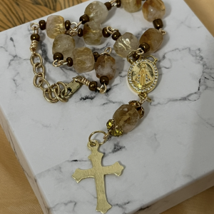 Handmade Citrine Gemstone Car Rosary – Gold Marian Catholic Gift