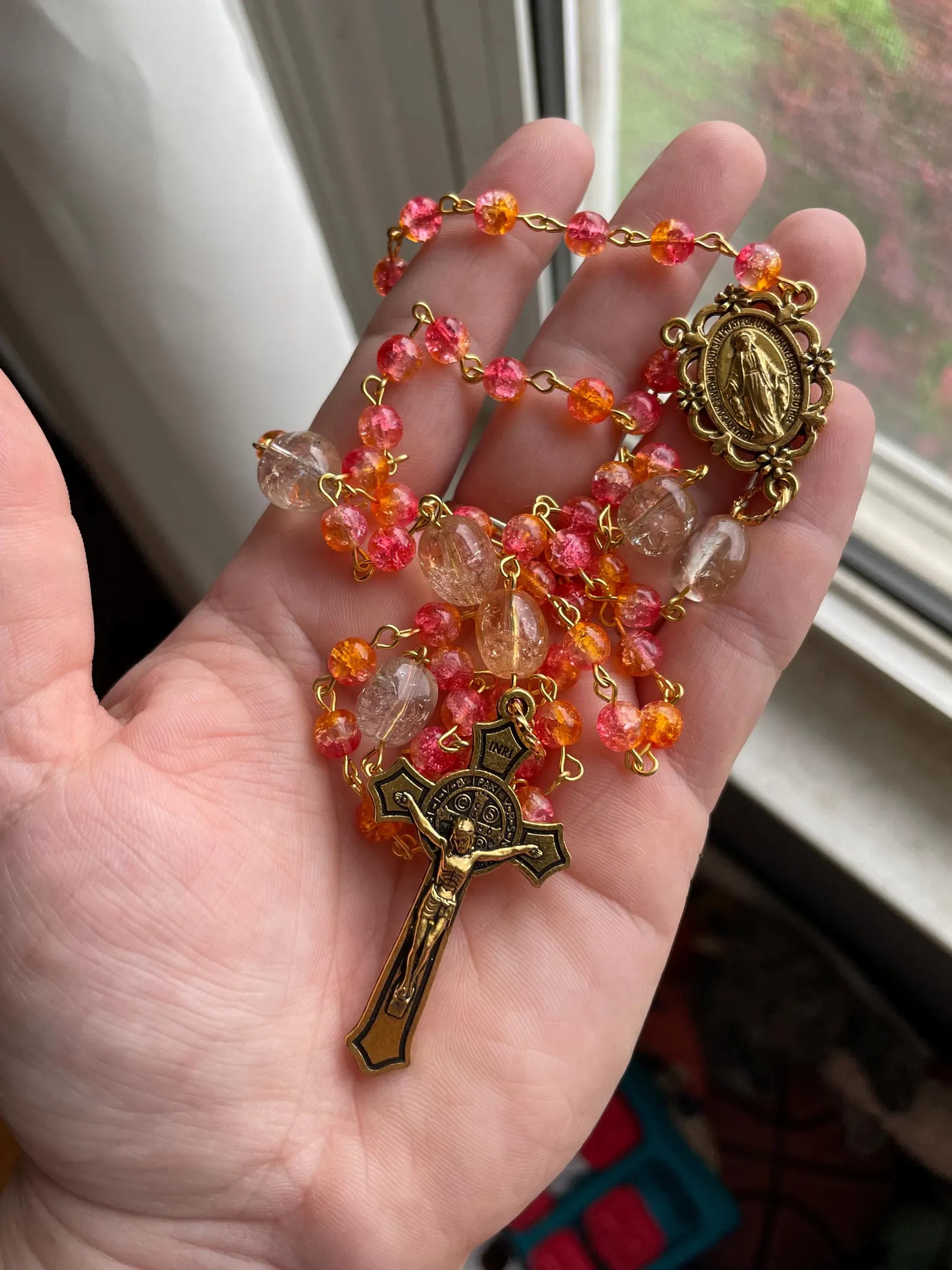 Sunset Tones Cracked Glass Handmade Rosary - St. Dunstan - Image 2