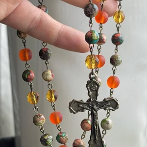 Dyed “Sea Sediment Jasper” and Orange Sea Glass Handmade Rosary - JOAN OF ARC