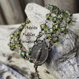 PERIDOT GREEN CZECH Glass Rosary with Rustic Brown Notre Dame Center and Roma Crucifix
