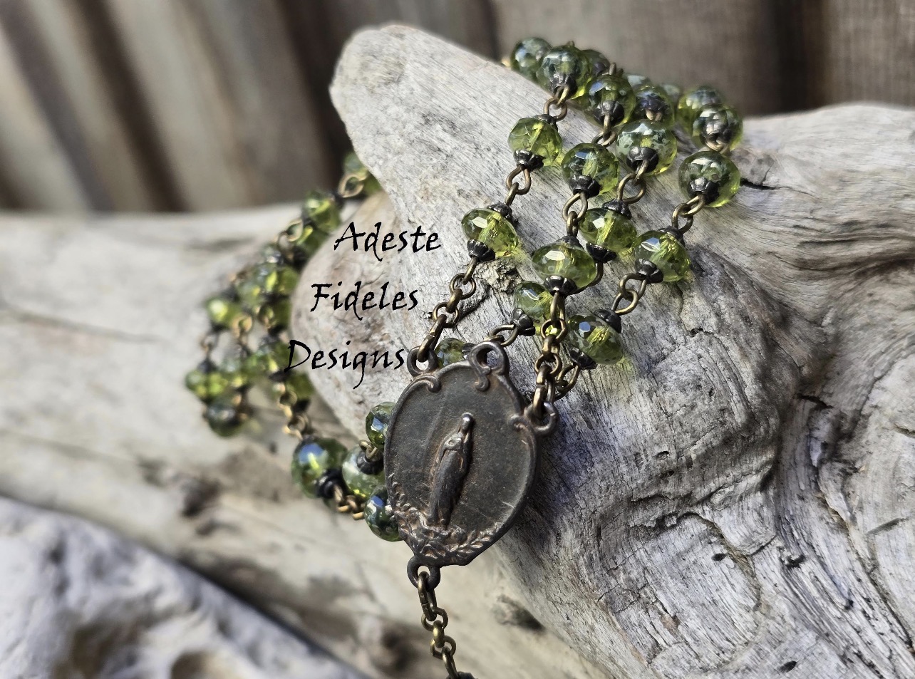 PERIDOT GREEN CZECH Glass Rosary with Rustic Brown Notre Dame Center and Roma Crucifix