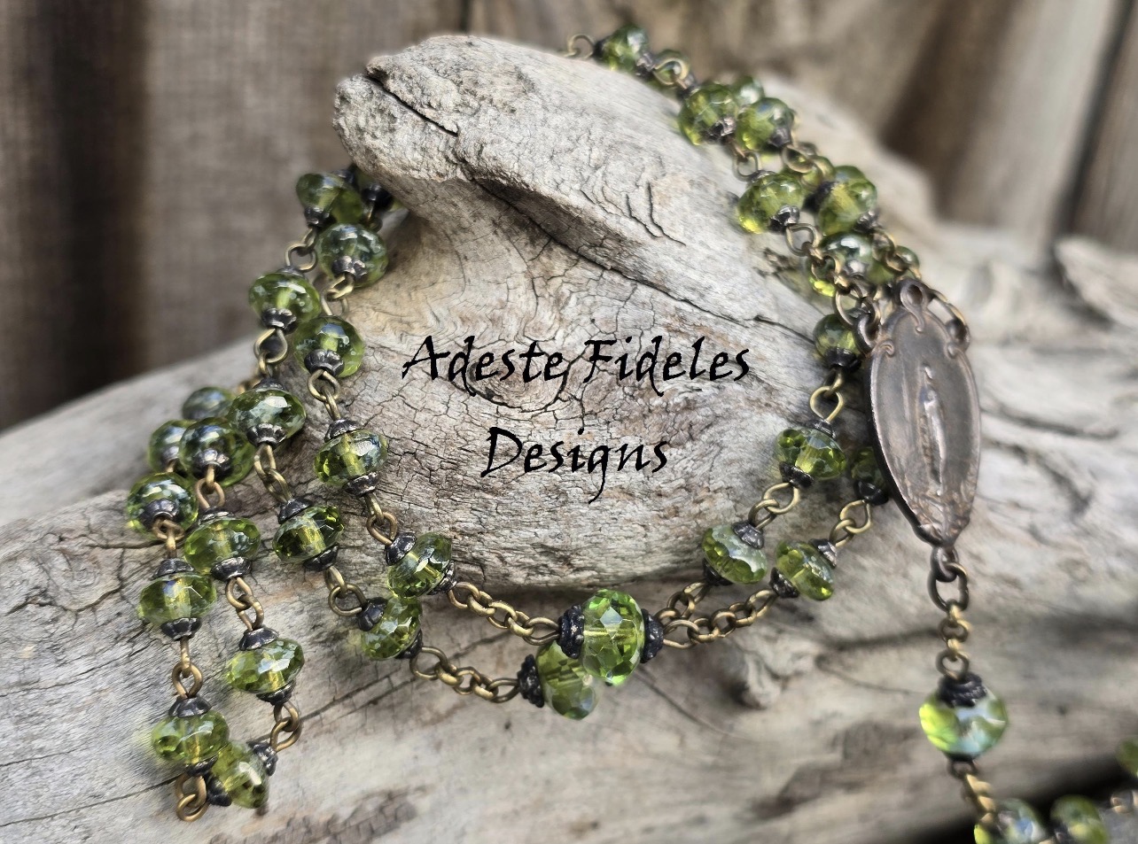 PERIDOT GREEN CZECH Glass Rosary with Rustic Brown Notre Dame Center and Roma Crucifix - Image 4