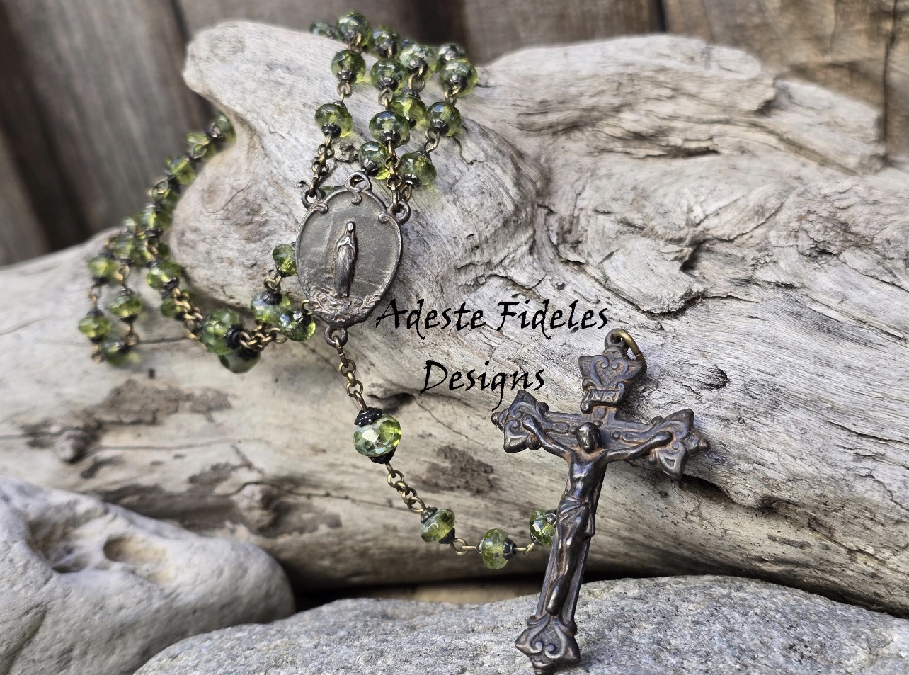 PERIDOT GREEN CZECH Glass Rosary with Rustic Brown Notre Dame Center and Roma Crucifix - Image 3