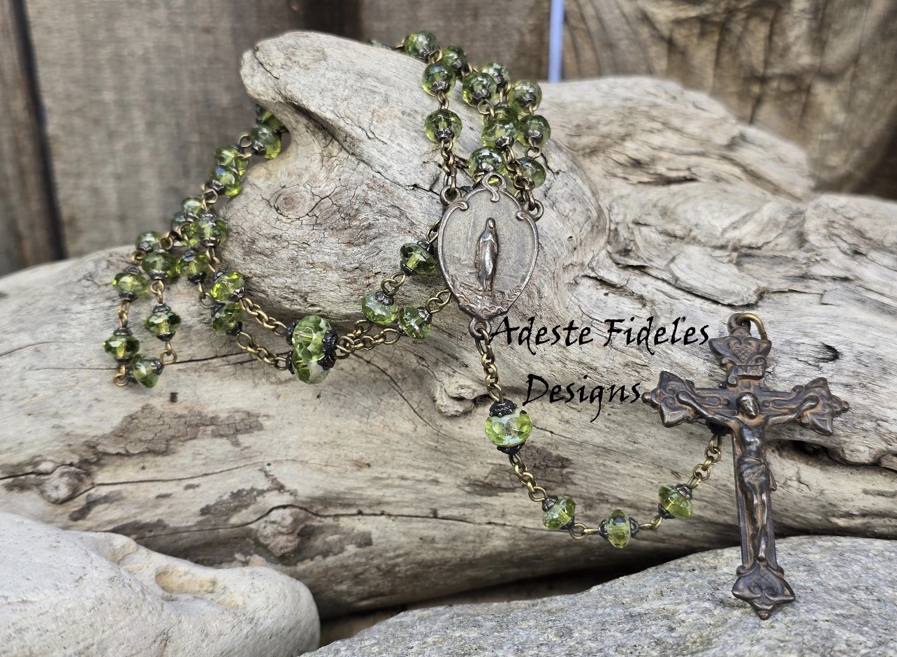 PERIDOT GREEN CZECH Glass Rosary with Rustic Brown Notre Dame Center and Roma Crucifix - Image 2