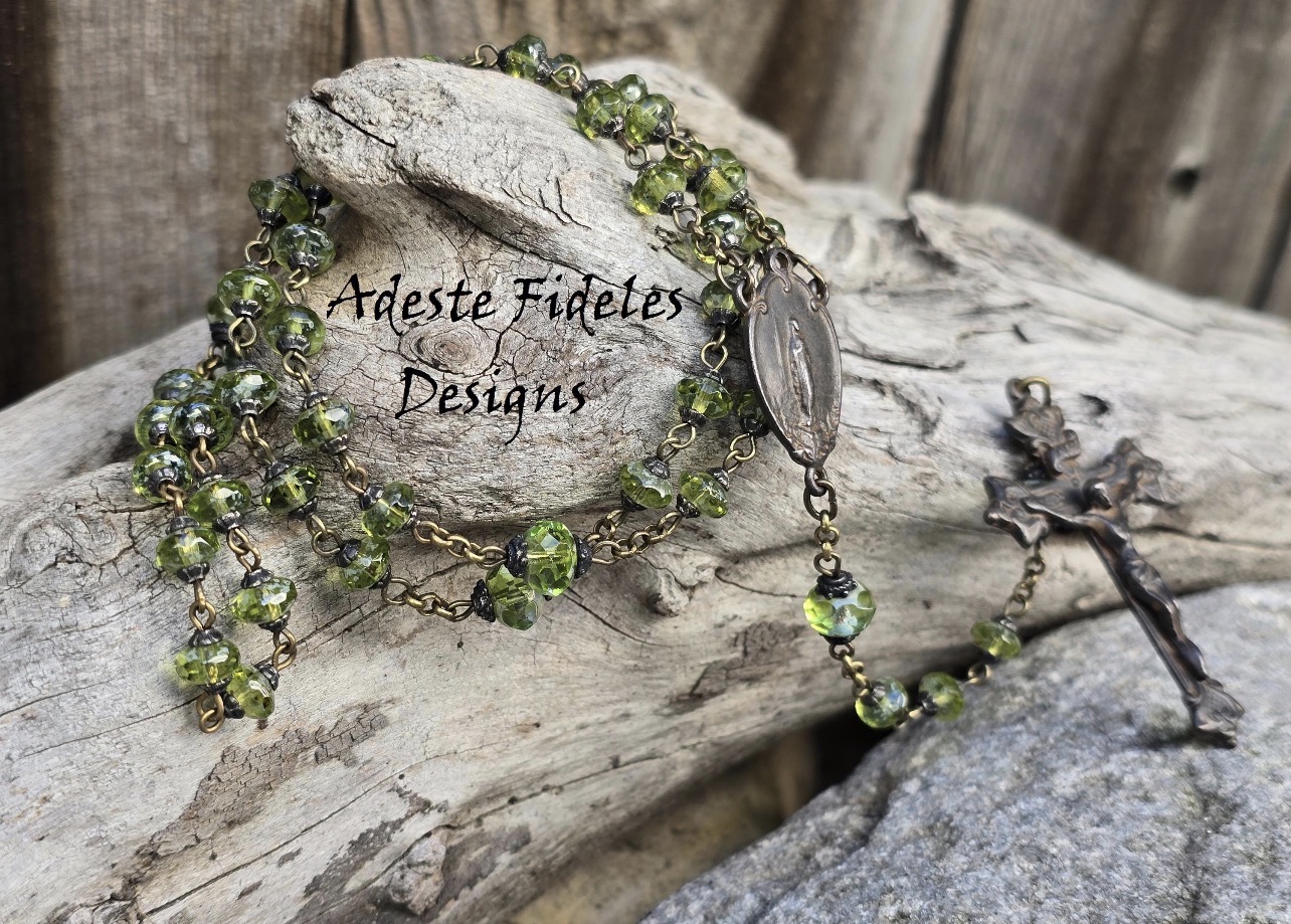PERIDOT GREEN CZECH Glass Rosary with Rustic Brown Notre Dame Center and Roma Crucifix - Image 5