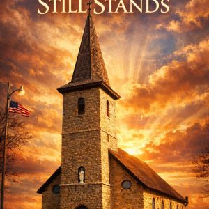 Book cover for Light Still Stands by Kimberly Souba, featuring an old stone Catholic church beneath a dramatic golden sunset. Rays of light shine through the clouds behind the church steeple and cross, with an American flag visible to the left.