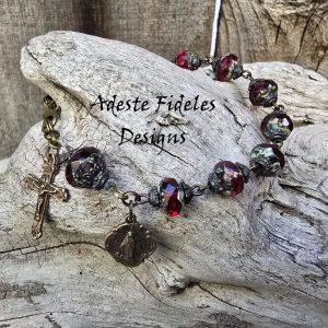 POMEGRANATE RED CZECH Glass Handmade Decade Rosary Bracelet with Bronze Crucifix & Miraculous Medal