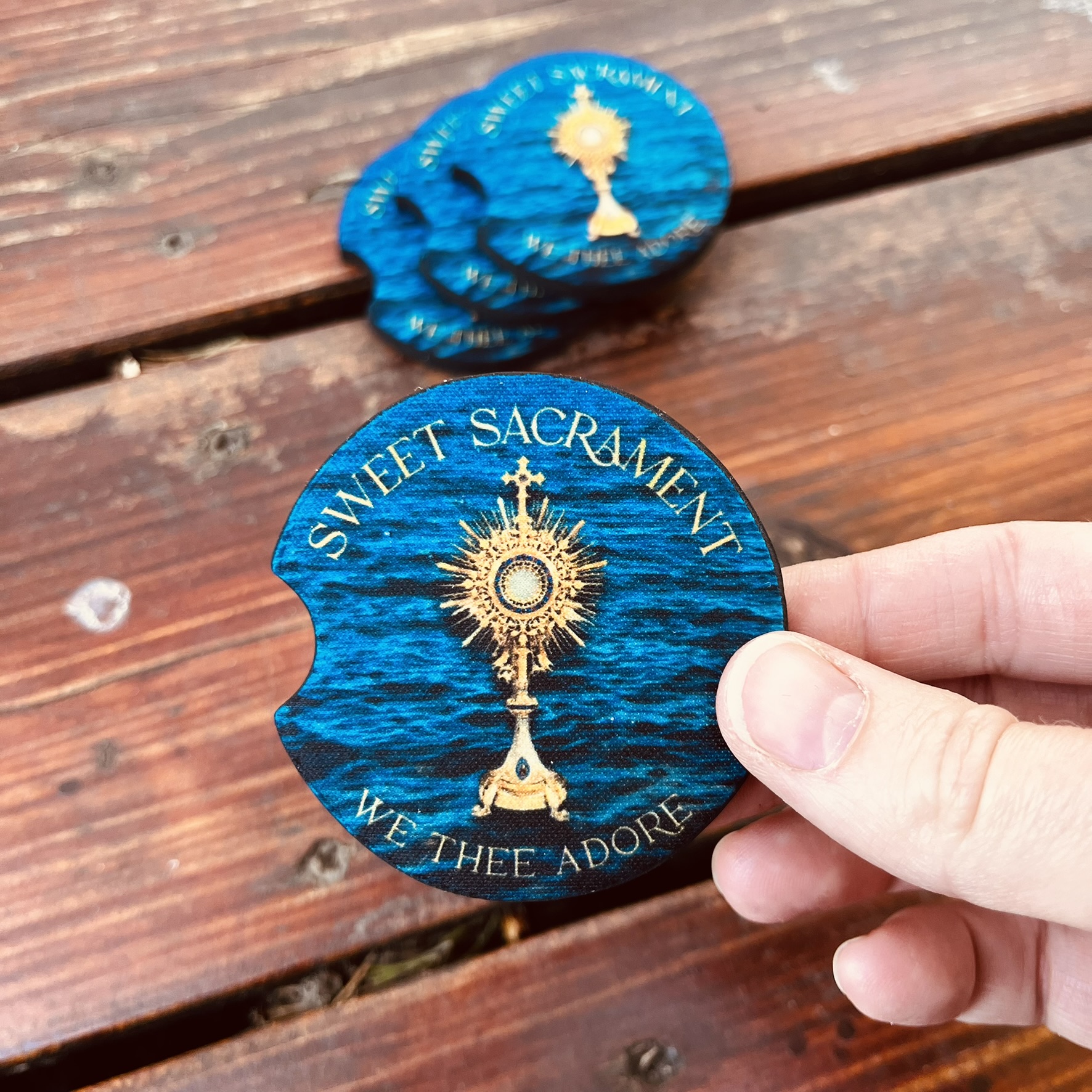Set of 4 Catholic Eucharist Car Coasters - fit in standard car cupholders